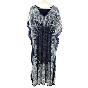 Sheer Navy Paisley Pullover Chiffon Kaftan Maxi